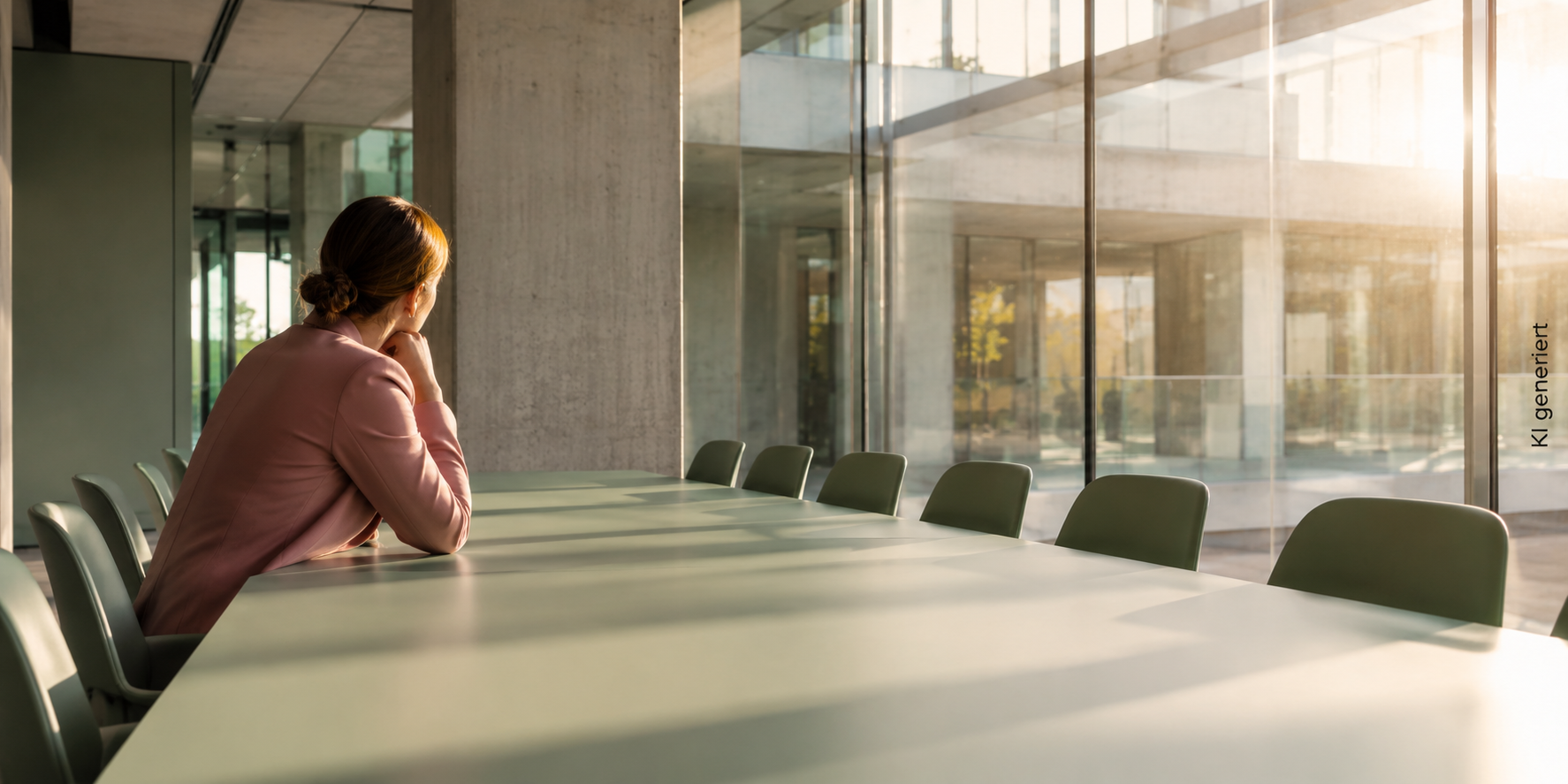 Eine Frau sitzt allein an einem langen, leeren Konferenztisch in einem modernen Glasbüro, Nachmittagslicht fällt durchs Fenster – Symbolbild für das Gefühl, einen sicheren Job zu haben, aber unzufrieden zu sein. KI-generiertes Bild.