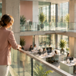 Eine Frau im rosafarbenen Blazer lehnt an einer Glasbrüstung und schaut hinunter auf ein Großraumbüro, in dem Kolleginnen an ihren Schreibtischen arbeiten. Symbolbild für das Gefühl, dass der Job keine Herausforderung mehr ist. KI-generiertes Bild.