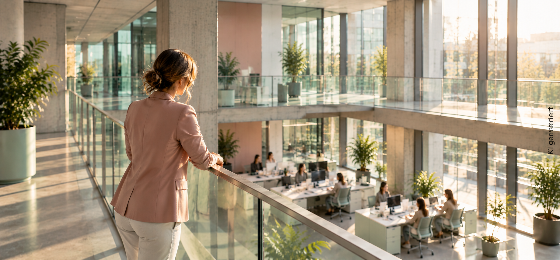 Eine Frau im rosafarbenen Blazer lehnt an einer Glasbrüstung und schaut hinunter auf ein Großraumbüro, in dem Kolleginnen an ihren Schreibtischen arbeiten. Symbolbild für das Gefühl, dass der Job keine Herausforderung mehr ist. KI-generiertes Bild.