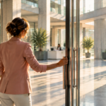 Eine Frau im rosafarbenen Blazer öffnet, von hinten gesehen, eine Glastür zu einer hellen Bürolobby. Symbolbild für die Angst zu kündigen und den ersten Schritt trotzdem zu gehen. KI-generiertes Bild.
